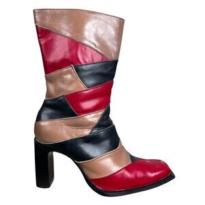 Vintage 90’s NYLA Women’s Red Black Patchwork Ankle Boot Size 38 US 8
